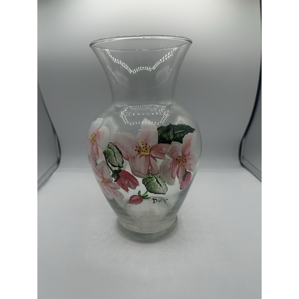 Hand Painted Clear‎ Glass Floral Vase Pink Flowers Signed DKT Art Vase 11in